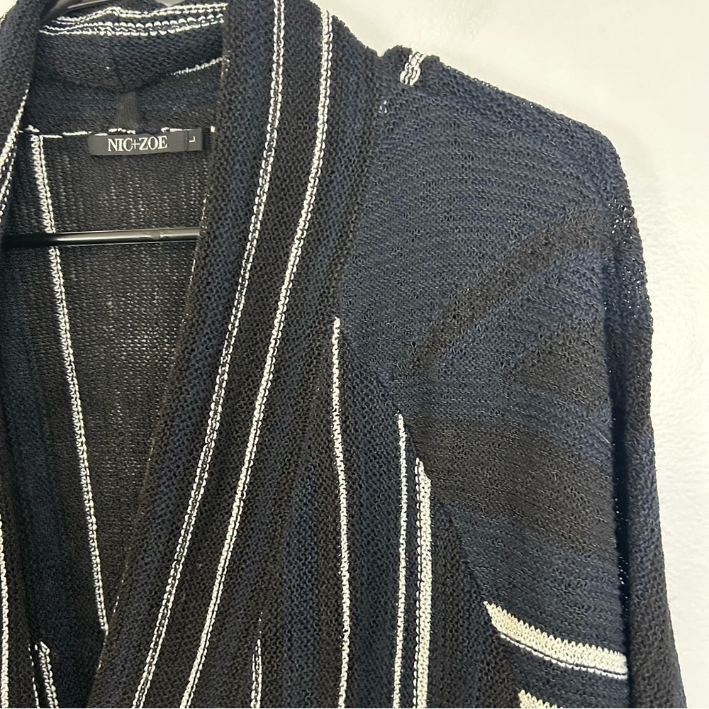 NWT Nic + Zoe Black/Blue/White Striped Open Front Drapey Long Cardigan Large - Picture 5 of 12